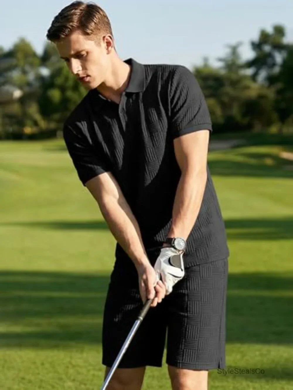 Men's 2-Piece Polo Short Set, 97% Polyester, 3% Elastane, Textured Short